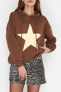 3 İplik Kapşonlu Baskılı Sweat Kahvebej - 42225.1878.