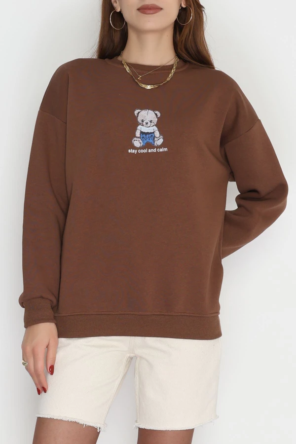 3 İplik Bisiklet Yaka Sweat Kahve - 42237.1878.