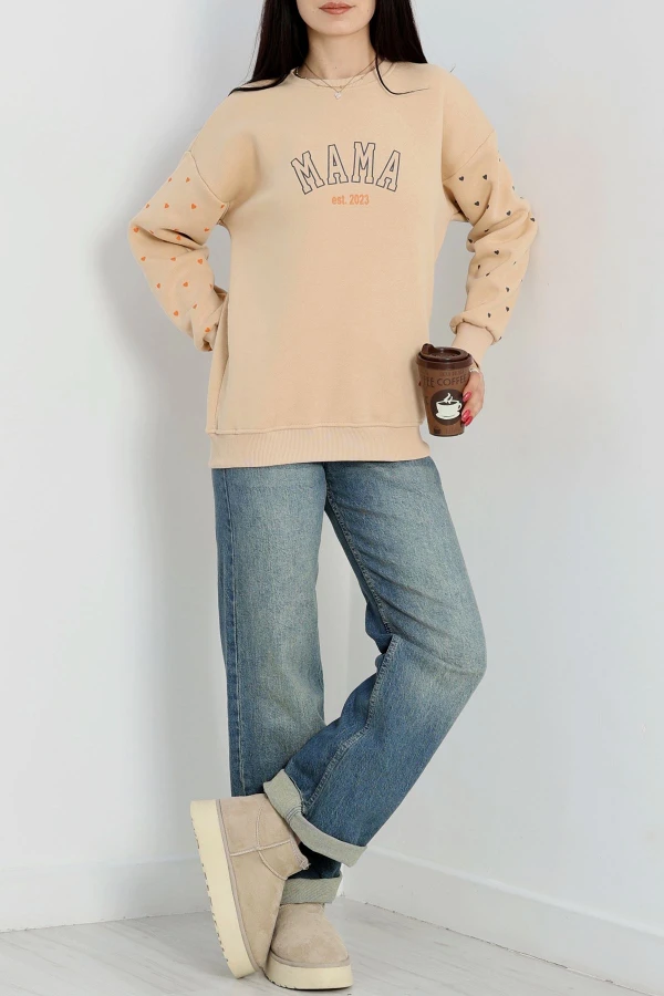 3 İplik Bisiklet Yaka Sweat Bej - 42238.1878.