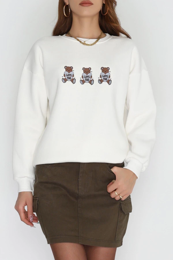 3 İplik Bisiklet Yaka Sweat Ekru - 42240.1878.