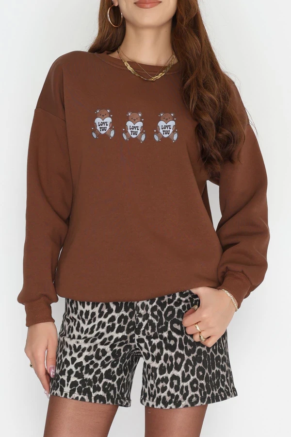 3 İplik Bisiklet Yaka Sweat Kahve - 42240.1878.