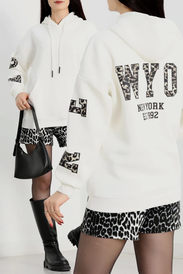 3 İplik Kanguru Cepli Kapşonlu Sweat Ekru - 42249.1878.