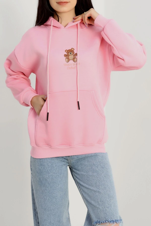 3 İplik Kanguru Cepli Kapşonlu Sweat Pembe - 42254.1878.