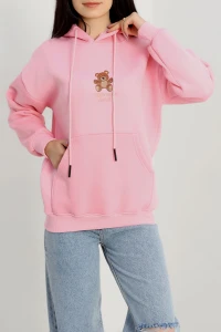 3 İplik Kanguru Cepli Kapşonlu Sweat Pembe - 42254.1878.