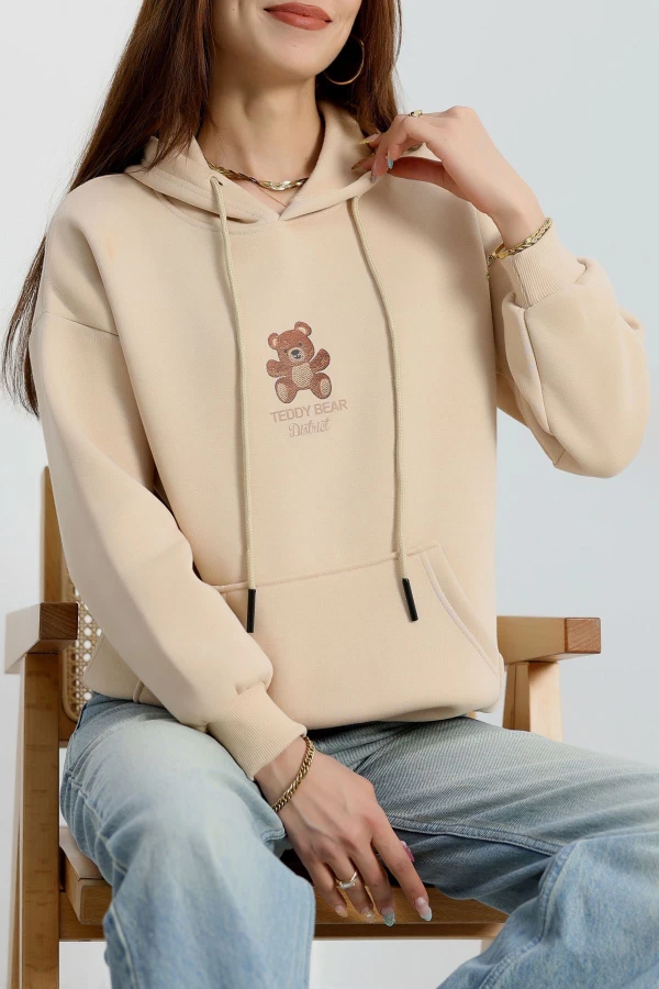 3 İplik Kanguru Cepli Kapşonlu Sweat Bej - 42254.1878.