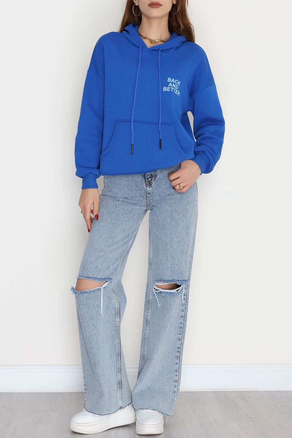 3 İplik Kanguru Cepli Kapşonlu Sweat Saks - 42257.1878. | HaydiGiy
