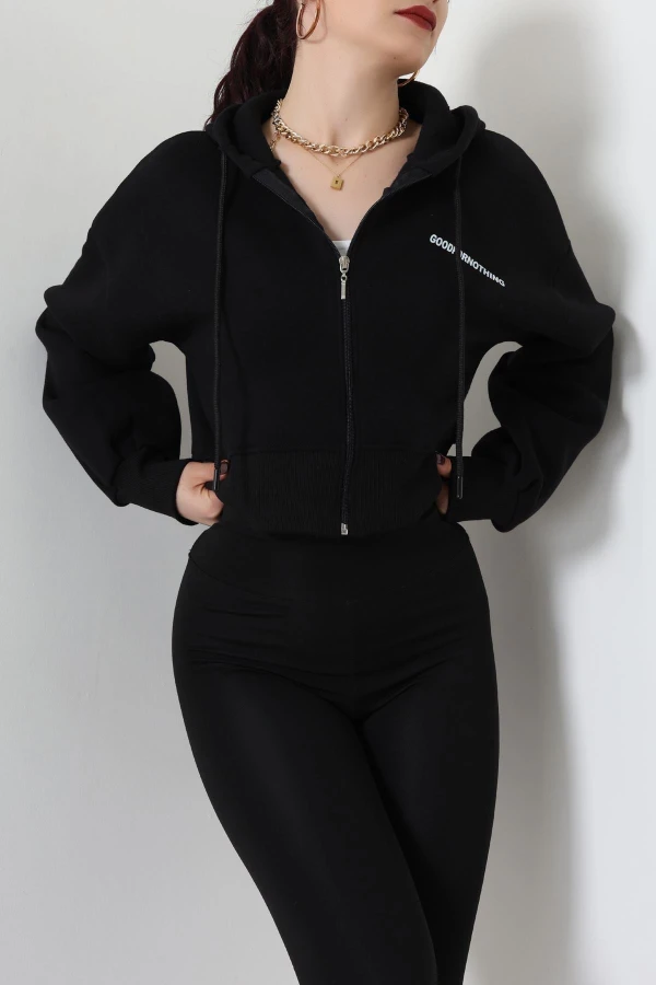 3 İplik Şardonlu Fermuarlı Sweat Siyah - 42501.1878.