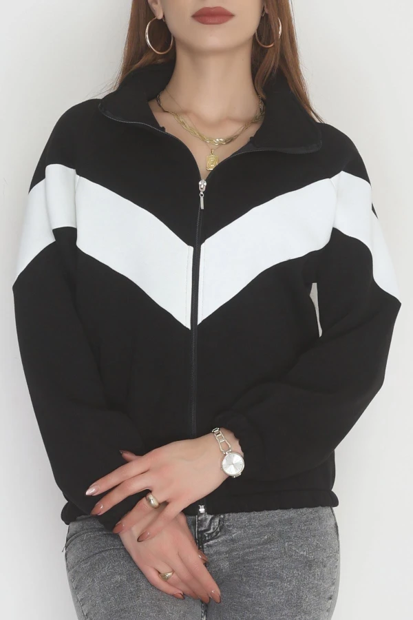 3 İplik Kompakt Oversize Fermuarlı Sweat Siyahekru - 42504.1878.