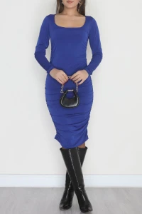 Yanları Büzgülü Sandy Elbise Saks - 42569.1949.