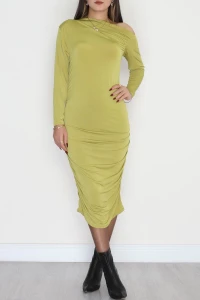 Asimetrik Yaka Sandy Elbise Yağyeşili - 42570.1949.