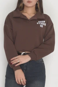 3 İplik Şardonlu Polo Yaka Baskılı Sweat Kahve - 42602.1878.