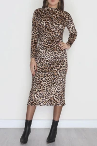 Dik Yaka Desenli Kadife Elbise Leopar1 - 42668.1949.