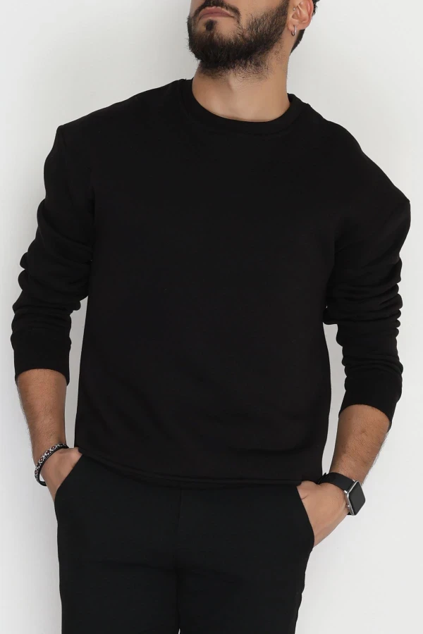 3 İplik Bisiklet Yaka Erkek Sweat Siyah - 42693.2086.