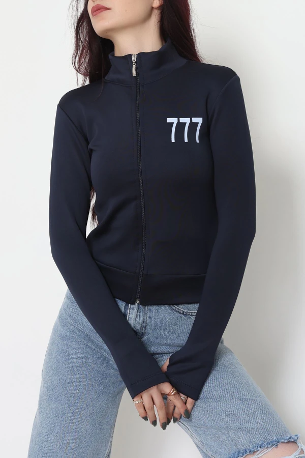 Double Krep Kumaş Parmak Geçmeli Baskılı Ceket Lacivert - 42783.1567.