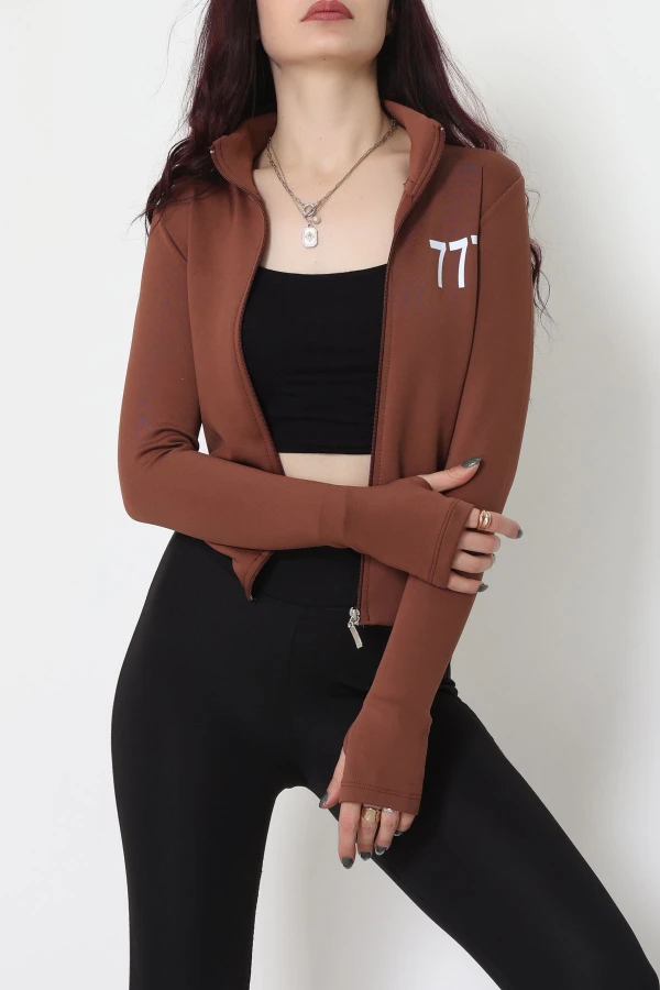 Double Krep Kumaş Parmak Geçmeli Baskılı Ceket Acıkahve - 42783.1567.