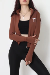 Double Krep Kumaş Parmak Geçmeli Baskılı Ceket Acıkahve - 42783.1567.