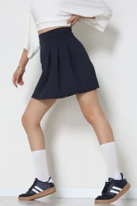 Double Krep Kumaş Pileli Mini Etek Lacivert - 42798.1567.