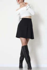 Double Krep Kumaş Pileli Mini Etek Siyah - 42798.1567.