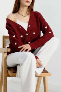 Nakışlı Kalpli Hırka Bordolatte - 444.1577.