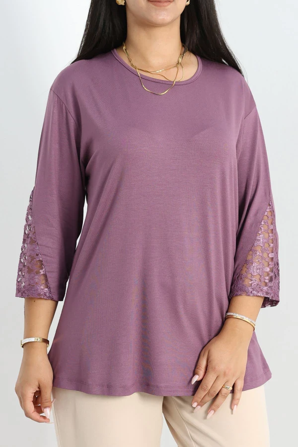 Kolları Dantelli Büyük Beden Bluz Lila - 50165.1954.