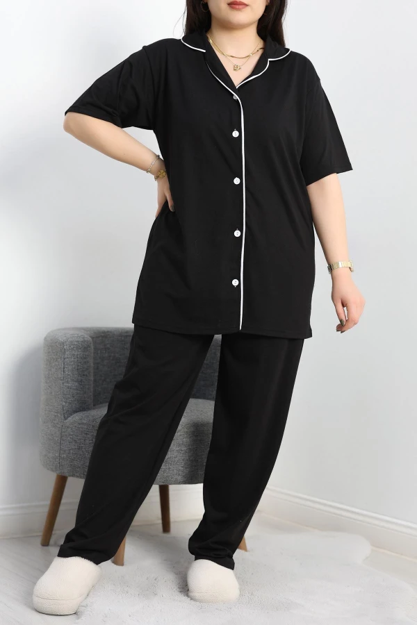 Süprem Büyük Beden Düğmeli Pijama Takımı Siyah - 50717.1950.