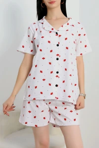 Şortlu Düğmeli Pijama Takım Beyazçiçek - 50773.1773.
