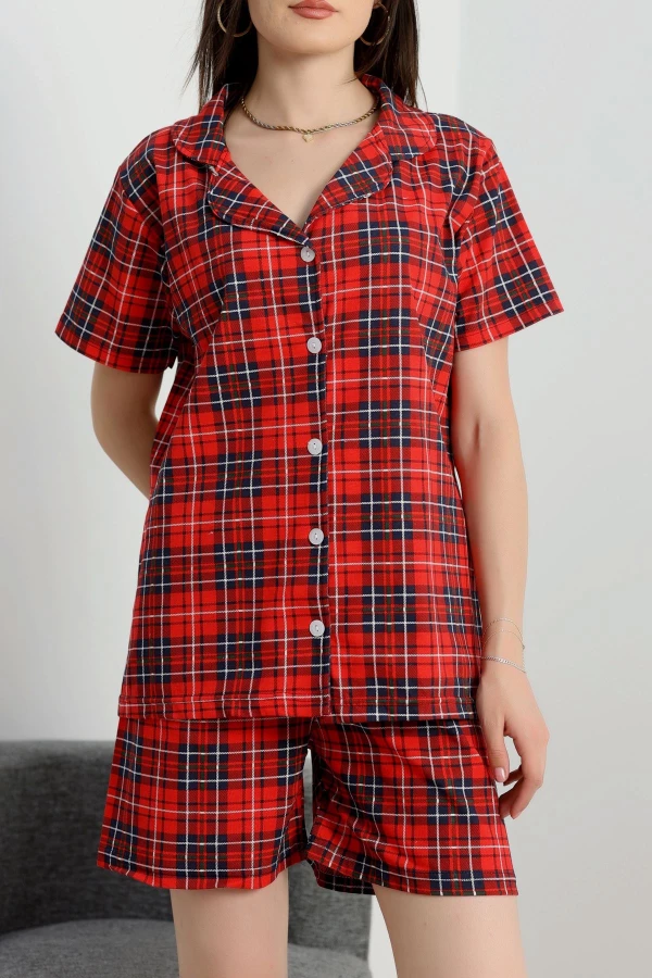 Şortlu Düğmeli Pijama Takım Kırmızıekose1 - 50773.1773.