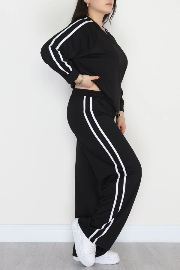 Şeritli 2 İplik Büyük Beden Eşofman Takımı Siyah - 50787.1857.