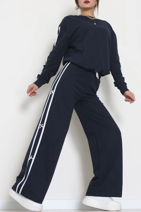 Şeritli Fiyonklu 2 İplik Eşofman Takımı Lacivert - 50788.1857.