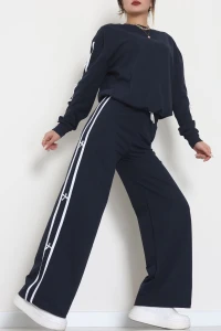 Şeritli Fiyonklu 2 İplik Eşofman Takımı Lacivert - 50788.1857.