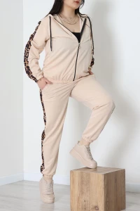 Şeritli 2 İplik Büyük Beden Eşofman Takımı Bej - 50806.1857.