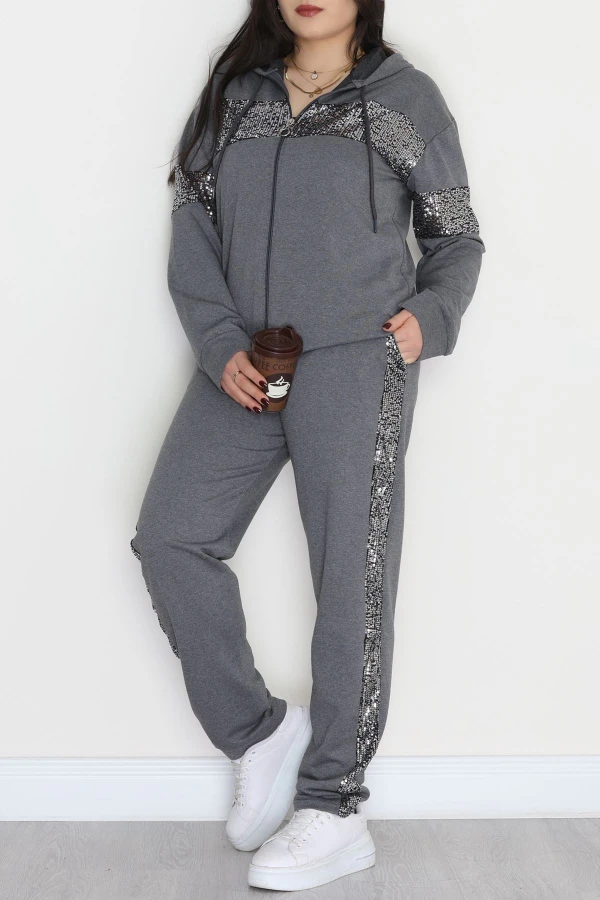 Pul Garnili 2 İplik Büyük Beden Eşofman Takımı Füme - 50808.1857.