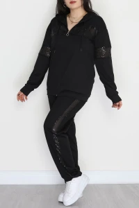 Pul Garnili 2 İplik Büyük Beden Eşofman Takımı Siyah - 50808.1857.