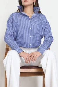 Pamuk Polyester Çizgili Oversize Gömlek Koyumavi - 51052.147.