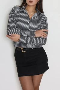 Pamuk Polyester Çizgili Oversize Gömlek Fümebeyaz - 51052.147.