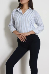 Pamuk Polyester Çizgili Oversize Gömlek Beyazmavi - 51052.147.