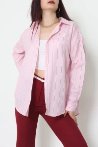 Pamuk Polyester Çizgili Oversize Gömlek Pembebeyaz - 51052.147.