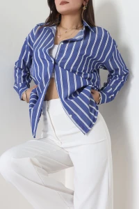 Pamuk Polyester Çizgili Oversize Gömlek Koyumavi1 - 51052.147.