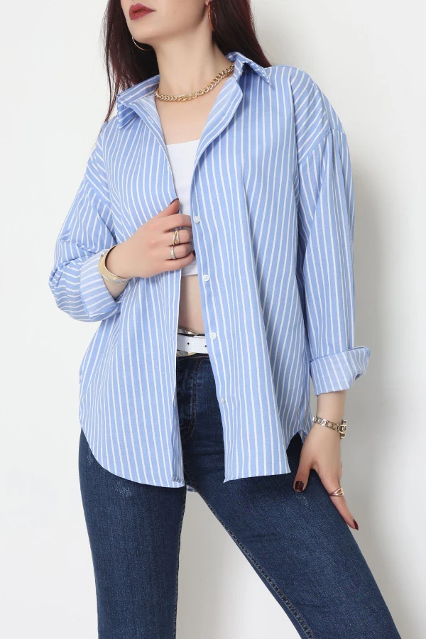 Pamuk Polyester Çizgili Oversize Gömlek Açıkmavibeyaz - 51052.147.