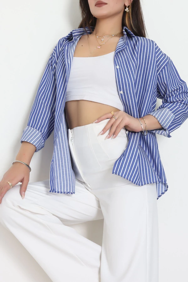 Pamuk Polyester Çizgili Oversize Gömlek Koyumavibeyaz - 51052.147.