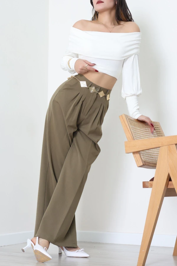 Dabıl Kumaş Beli Lastikli Palazzo Pantolon Haki - 51063.1991.