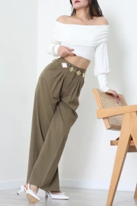 Dabıl Kumaş Beli Lastikli Palazzo Pantolon Haki - 51063.1991.