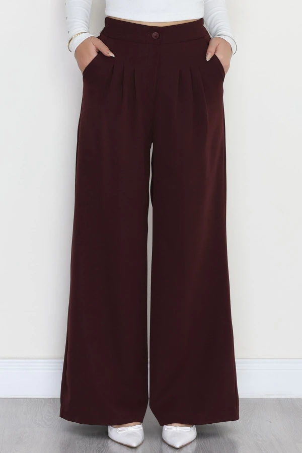 Dabıl Kumaş Beli Lastikli Palazzo Pantolon Mürdüm - 51063.1991.