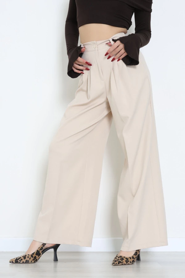 Dabıl Kumaş Beli Lastikli Palazzo Pantolon Bej - 51063.1991.