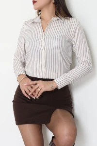 Pamuk Polyester Çizgili Gömlek Bejbeyaz - 51064.147.