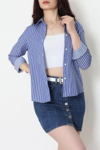 Pamuk Polyester Çizgili Gömlek Koyumavibeyaz - 51064.147.