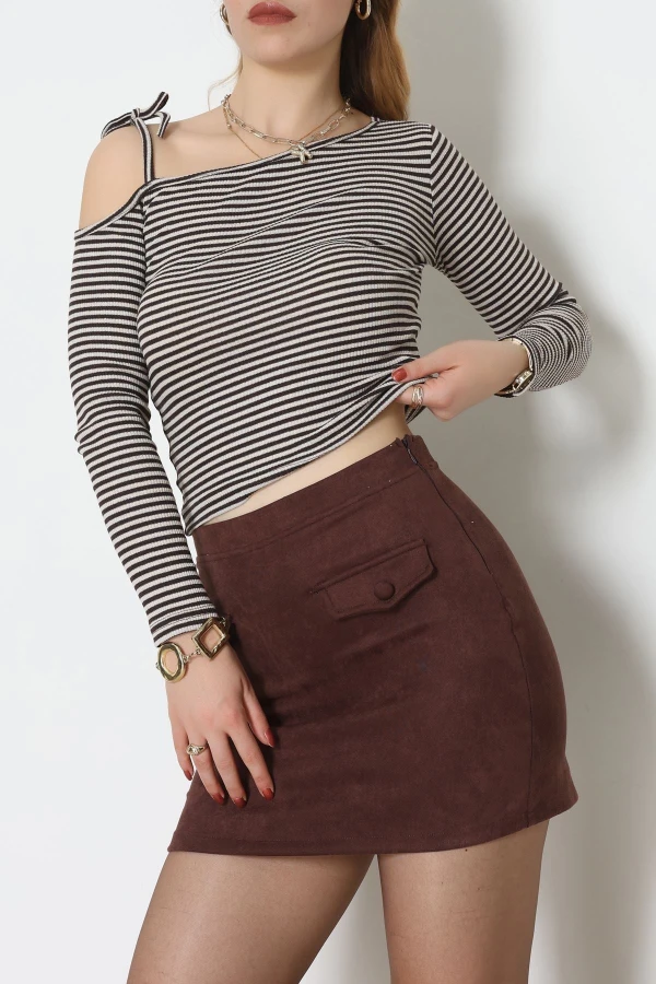 Tek Omuz Detaylı Likralı Kaşkorse Bluz Kahvelatte - 51091.1567.