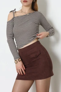 Tek Omuz Detaylı Likralı Kaşkorse Bluz Kahvelatte - 51091.1567.