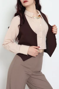 Dabıl Kumaş Fleto Cepli Astarlı Yelek Kahve - 51230.1991.