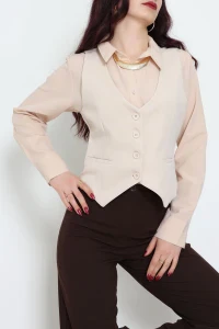 Dabıl Kumaş Fleto Cepli Astarlı Yelek Bej - 51230.1991.